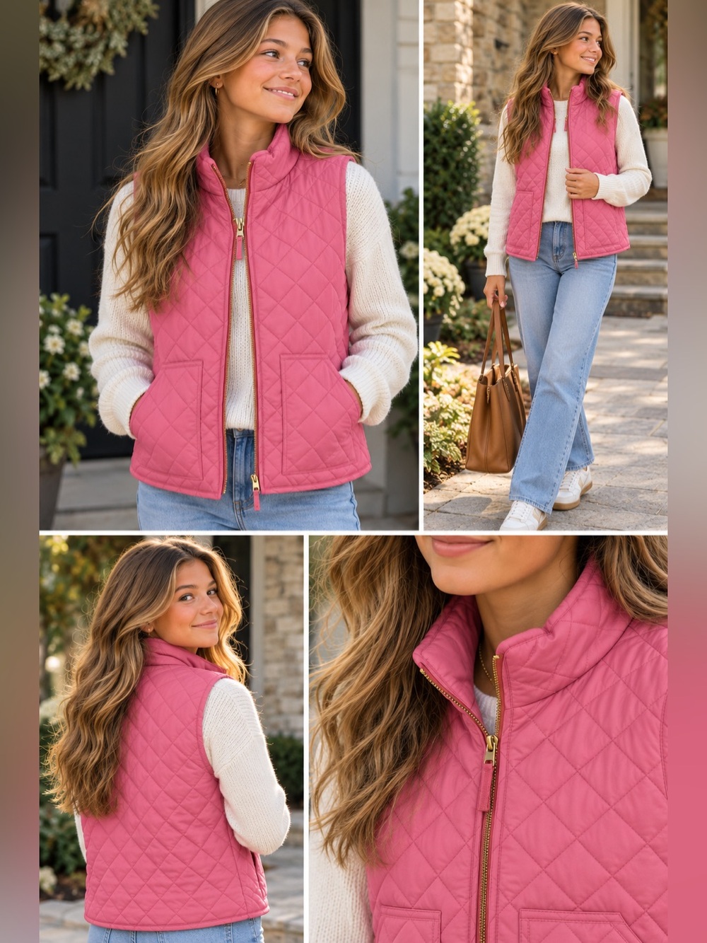 J.Crew Crewcuts Girls XL Pink Quilted Puffer Vest Gold Zip BK245
